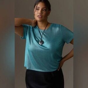 NWT Anthropologie Porridge Shine Glam Tee Plus Size‎ 1X Blue Teal Short Sleeve